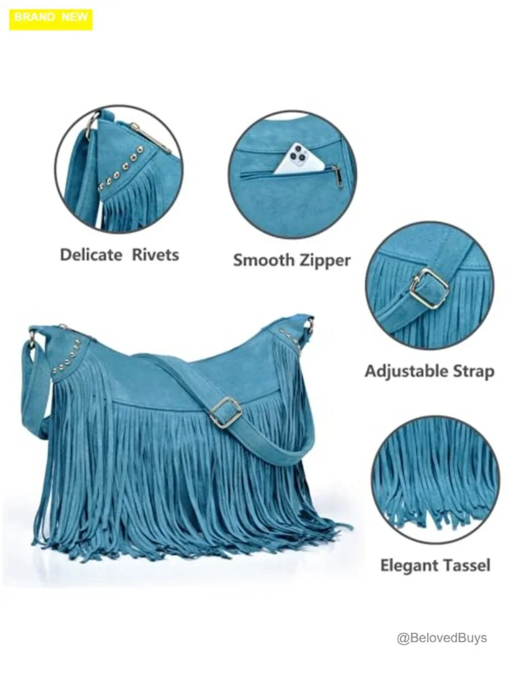 Vintage Suede Fringe Hobo Bag Tassel Crossbody Shoulder Purse Boho Western